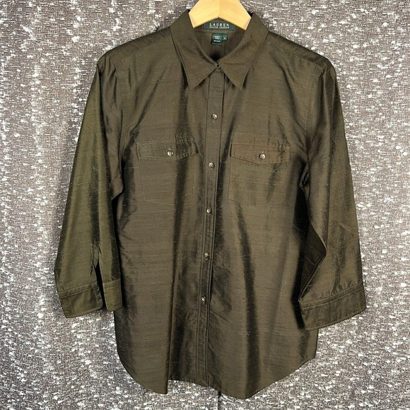 Lauren Ralph Lauren Green Silk Button Up Long Sleeve Size 10 - Picture 1 of 9